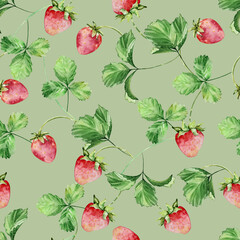 Seamless pattern of bright watercolor strawberries on a branch with leaves