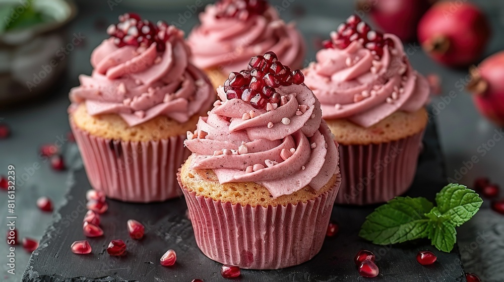 Poster a table topped with a cluster of cupcakes adorned in pink frosting and garnished with pomegranates