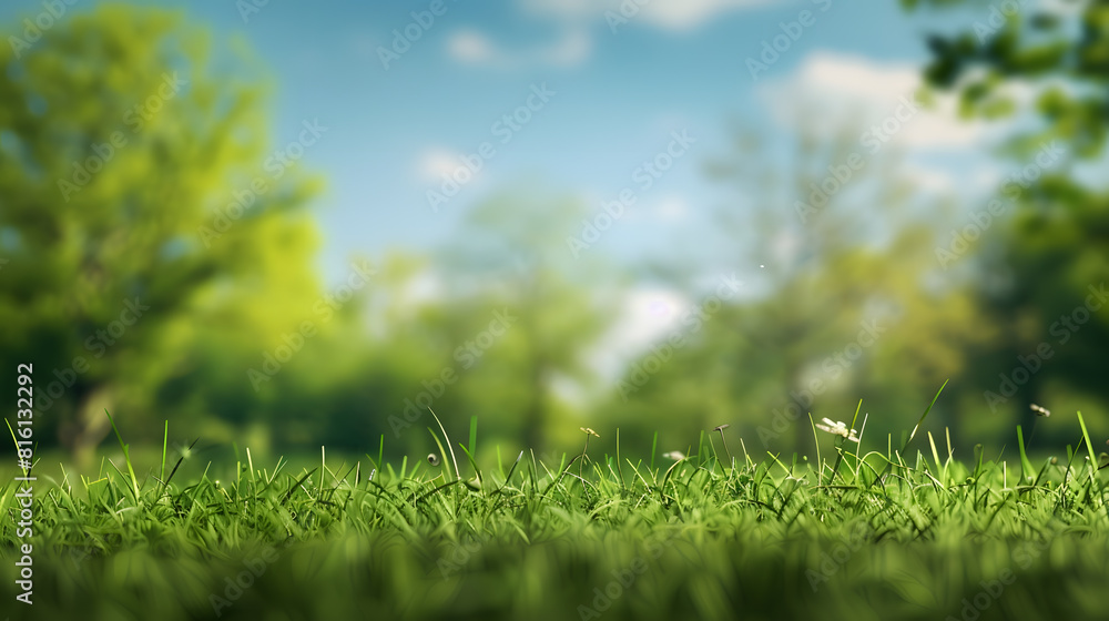 Poster Beautiful blurred background image of spring nature with a neatly trimmed lawn surrounded by trees against a blue sky with clouds on a bright sunny day : Generative AI