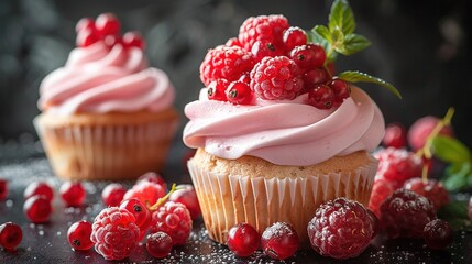   Close-up photo of a cupcake with frosting and raspberries on a table surrounded by cupcakes