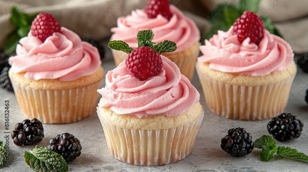 Poster close-up of cupcakes with frosting and raspberries on a table with other cupcakes