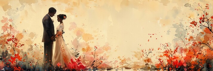 Silhouette of a couple in watercolor floral ambiance