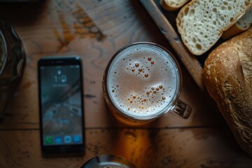 Top view of shot pint of beer with white smooth foam and slices of bread on plate and smartphone on wood table.