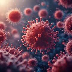 Colorful 3D illustration of various virus particles against a dark background