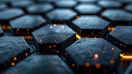 Fototapeta premium Black hexagons glowing orange cracks on black background