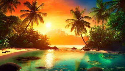 夏の季節と温かい日差しが共に訪れる、幻想的で美しく表現、ややトロピカル感を添えて　Generated by AI