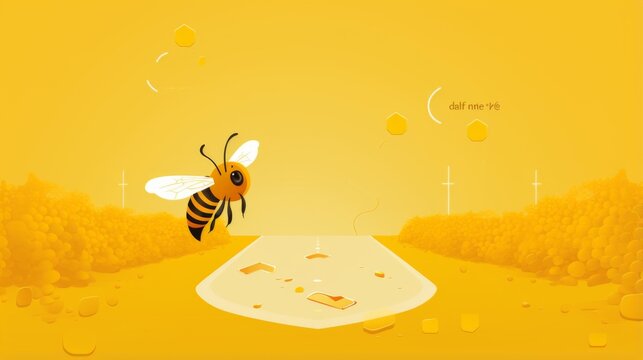 A modern, playful artwork featuring a simplified honeybee above a phone with a dripping honeycomb, in a monochromatic yellow palette