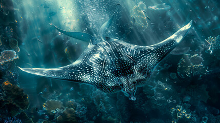 Beautiful manta ray gliding through the water, covered in white dots like stardust, corals and fish around it, sunlight shining on its wings. Nature photography style.