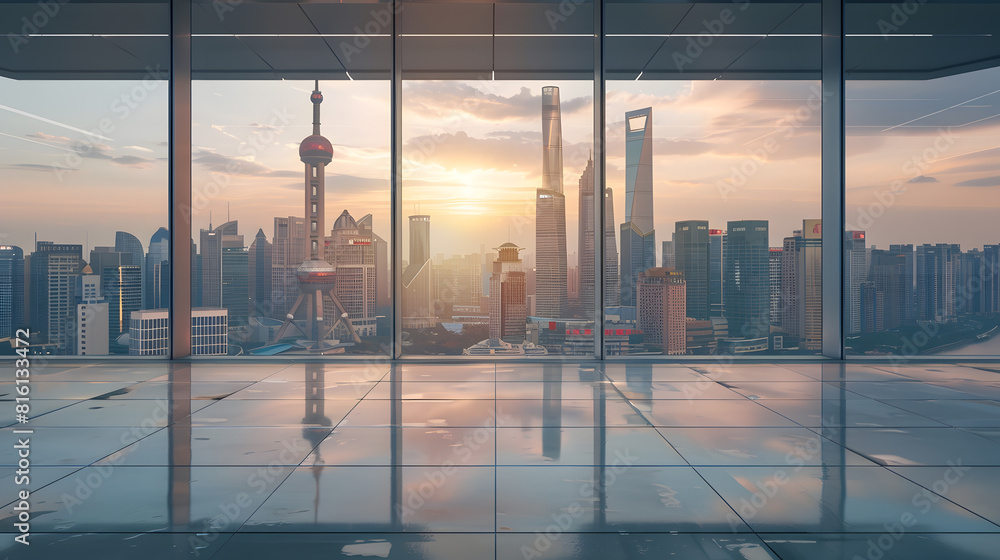 Poster empty floor and modern city skyline with building at sunset in shanghai china : generative ai