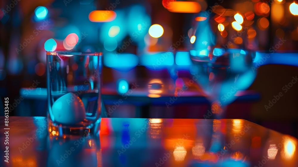 Wall mural Selective focus on the table board of a restaurant nightclub modern design background in neon blue light : Generative AI