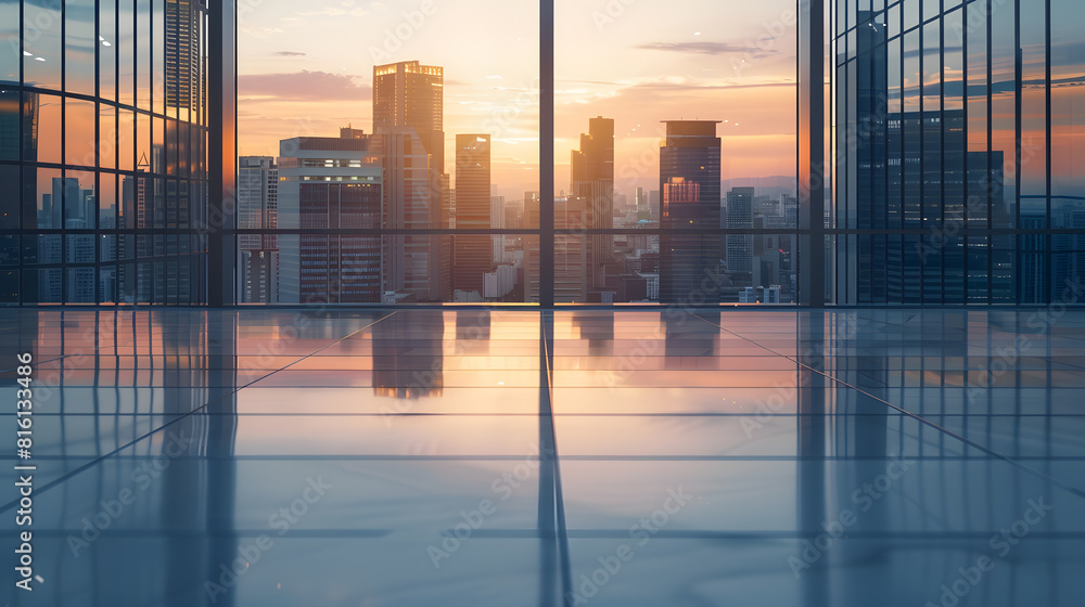 Poster empty floor and modern city skyline with buildings at sunset : generative ai
