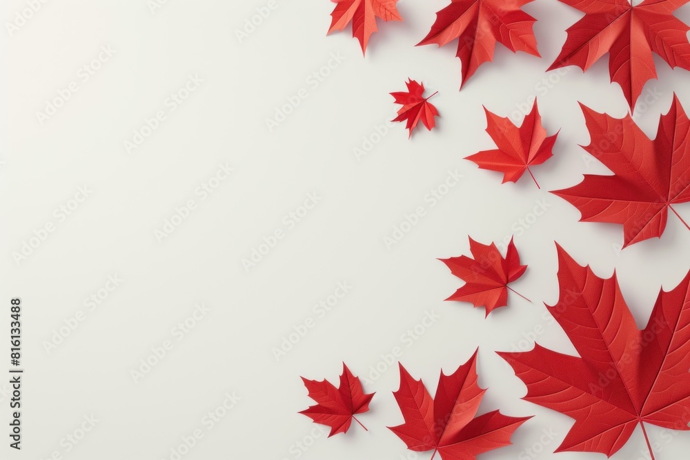 Wall mural bright red maple leaves creating an elegant border with copy space on a clean white background