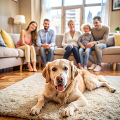 A beagle dog lies in front of a family sitting together on a couch indoors