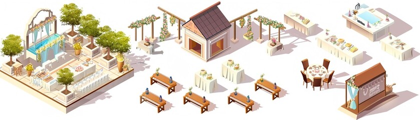 Isometric 3D wedding venue with ceremony and reception setup,vector illustrations