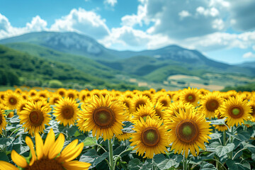Endless fields of sunflowers with yellow flowers swaying in the wind