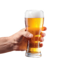 hand holding up a glass of beer over a white background. Variety of beer glass, cheers.