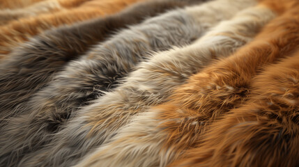 Closeup of the texture and coloration of different types of fur, such as fox, mink or raccoon, showcasing their unique patterns and shades. Luxury fashion design and high-end tailoring concept.