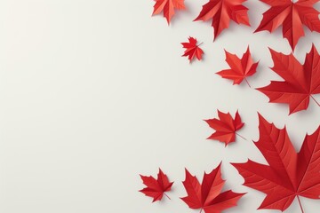 Bright red maple leaves creating an elegant border with copy space on a clean white background