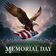 A bald eagle soaring majestically against a backdrop of the American flag on memorial day for generated Ai
