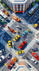 Vector 3D of a bustling city intersection with cars and pedestrians,3d
