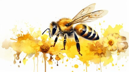 This artwork captures a bee mid-flight amongst blooming flowers, melded with vibrant yellow splattered paint for a dynamic visual