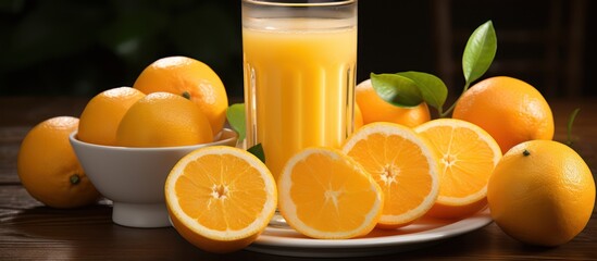 Glass of orange juice with orange fruit slices isolated white background