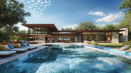 luxurious texas countryside estate modern oasis with expansive pool and panoramic views architectural rendering