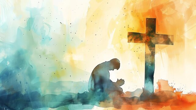 man kneeling and praying before the cross christian faith digital watercolor illustration