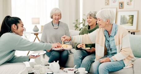 Senior women, tea and friends at a retirement home for quality time, chat or relax. Elderly people...