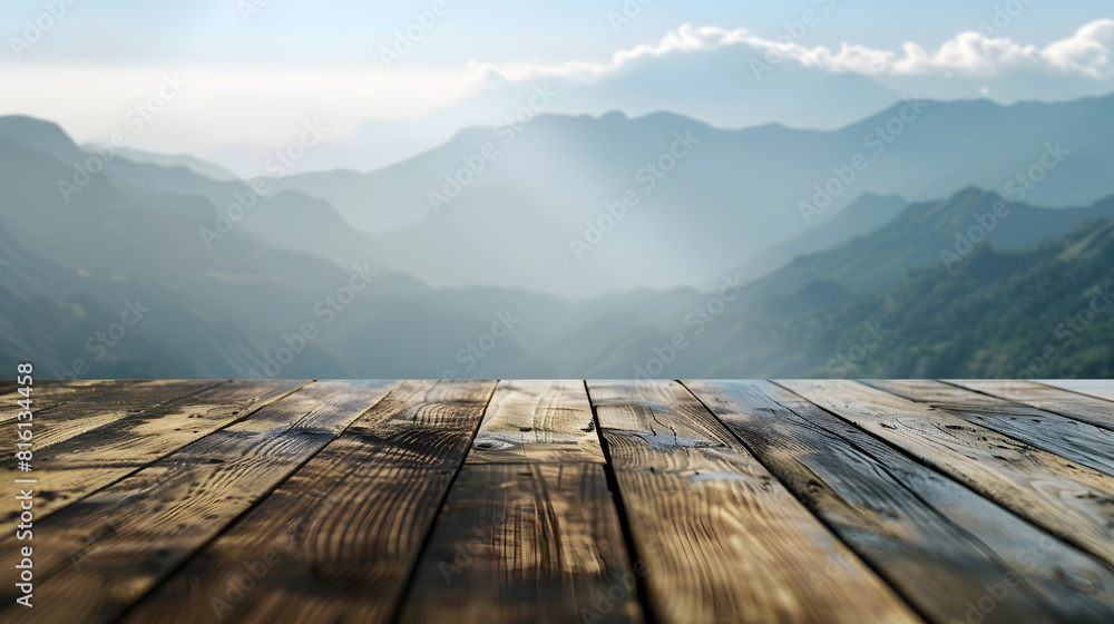 Poster Empty wooden table with blurred mountain view background Free space can be used for montage or product display design and advertising : Generative AI