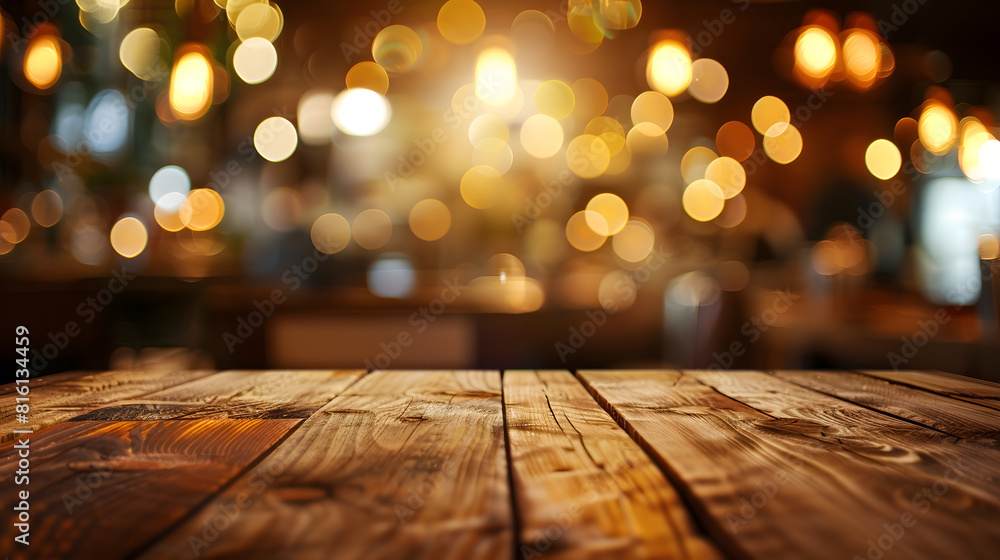 Aufkleber Empty wooden table top with lights bokeh on blur restaurant background : Generative AI