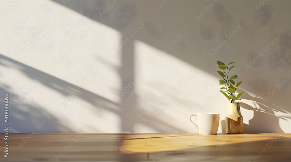 Poster table background of free space and kitchen interiorwhite wall with shadows and sunny warm morning ti