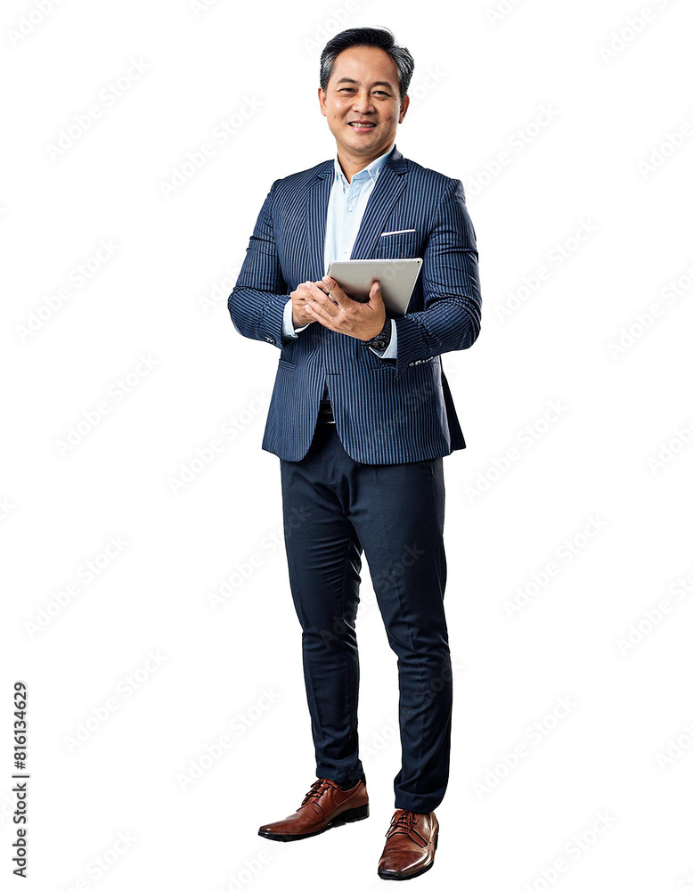 Wall mural full body asian male businessman holding a tablet on isolate background.