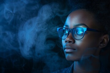 Contemplative African American Woman with Glasses Surrounded by Blue Smoke