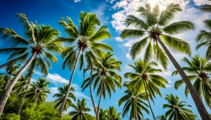 Looking up at Tropical Palm Trees Under A Bright Sun