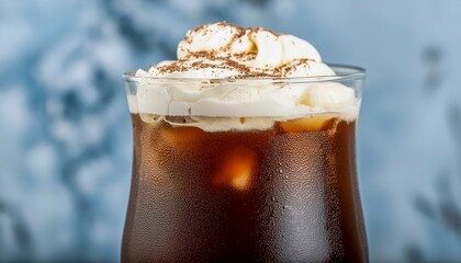 Iced Coffee Topped With Whipped Cream And Cocoa Powder, Set Against A Blurred Blue Background.