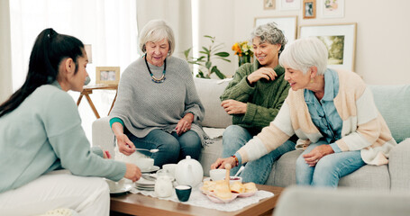 Senior women, tea and cake with friends at a retirement home for quality time, chat or relax....