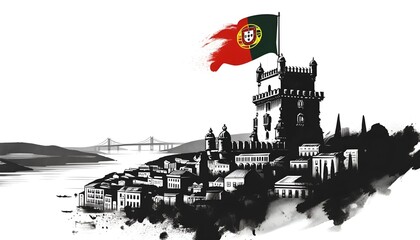 Illustration for portugal day with a portuguese flag and famous landmark.