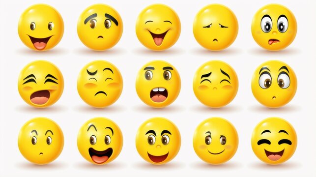 A grid-like display of yellow emoticons, each showcasing different facial expressions and emotions suitable for digital communication