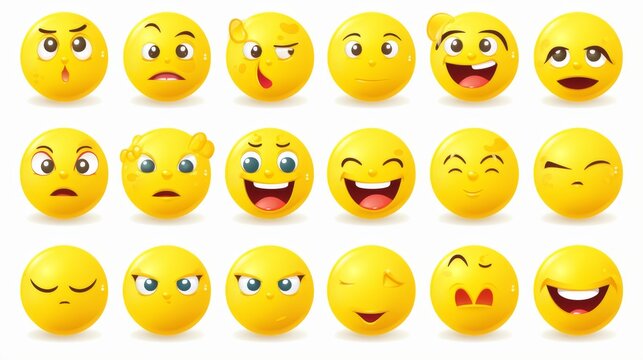 An assortment of 3D rendered yellow emojis depicting various emotional expressions for digital communication