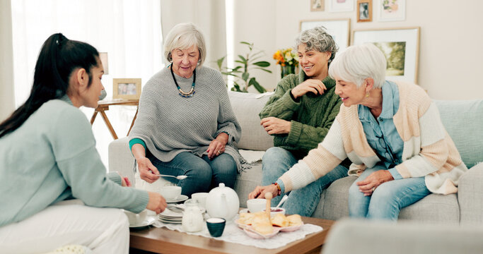 Senior women, tea and cake with friends at a retirement home for quality time, chat or relax. Elderly people or group with a caregiver at a table for food and social visit while drinking and eating - Powered by Adobe