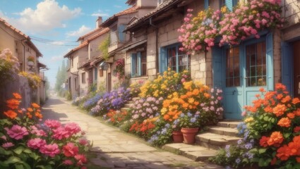 street in the town with flowers Generated Ai 