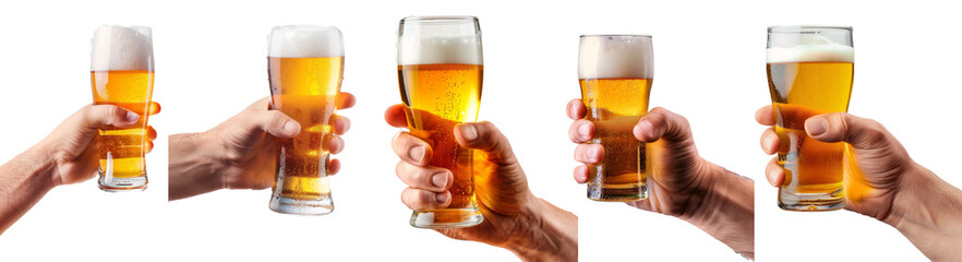 Set of hand holding up a glass of beer over a white background. Variety of beer glass, cheers.
