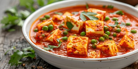 Bowl of delicious matar paneer curry a popular Indian dish. Concept Indian cuisine, Matar Paneer recipe, Vegetarian meal, Paneer curry, Cooking at home