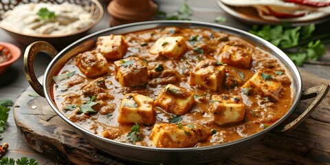 Spicy Indian Cheese Dish with Flavorful Sauce. Concept Indian Cuisine, Cheese Dishes, Spicy Recipes, Flavorful Sauces
