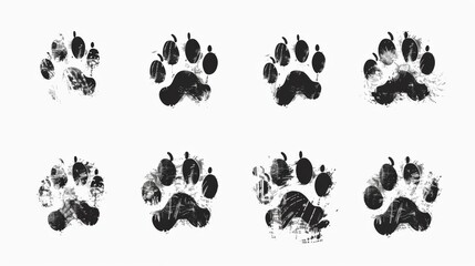 Eight unique black paw print patterns isolated on a white background perfect for design uses