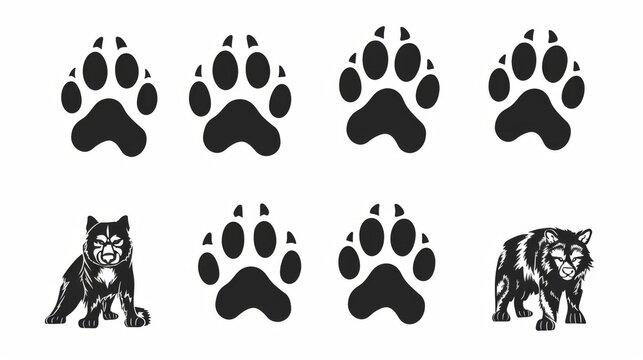 A collection of isolated black wolf paw prints and two wolf silhouettes on a white background, representing wildlife