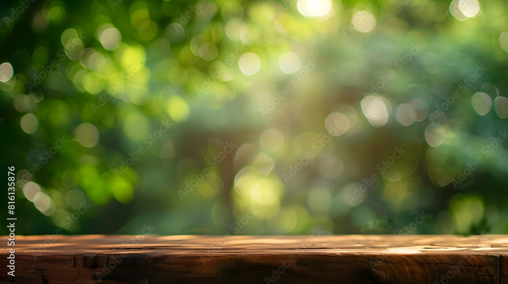 Poster wood table top on blur green tree background for display or montage product : generative ai