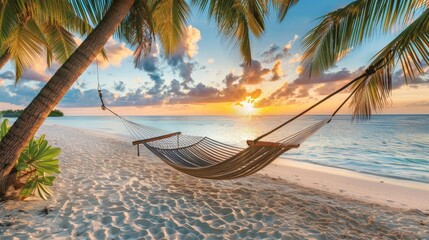 Idyllic Tropical Beach Sunset with Relaxing Hammock between Palm Trees