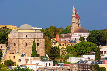 Historic domed structure and church bell tower in Rhodes, Dodecanese islands, Greece